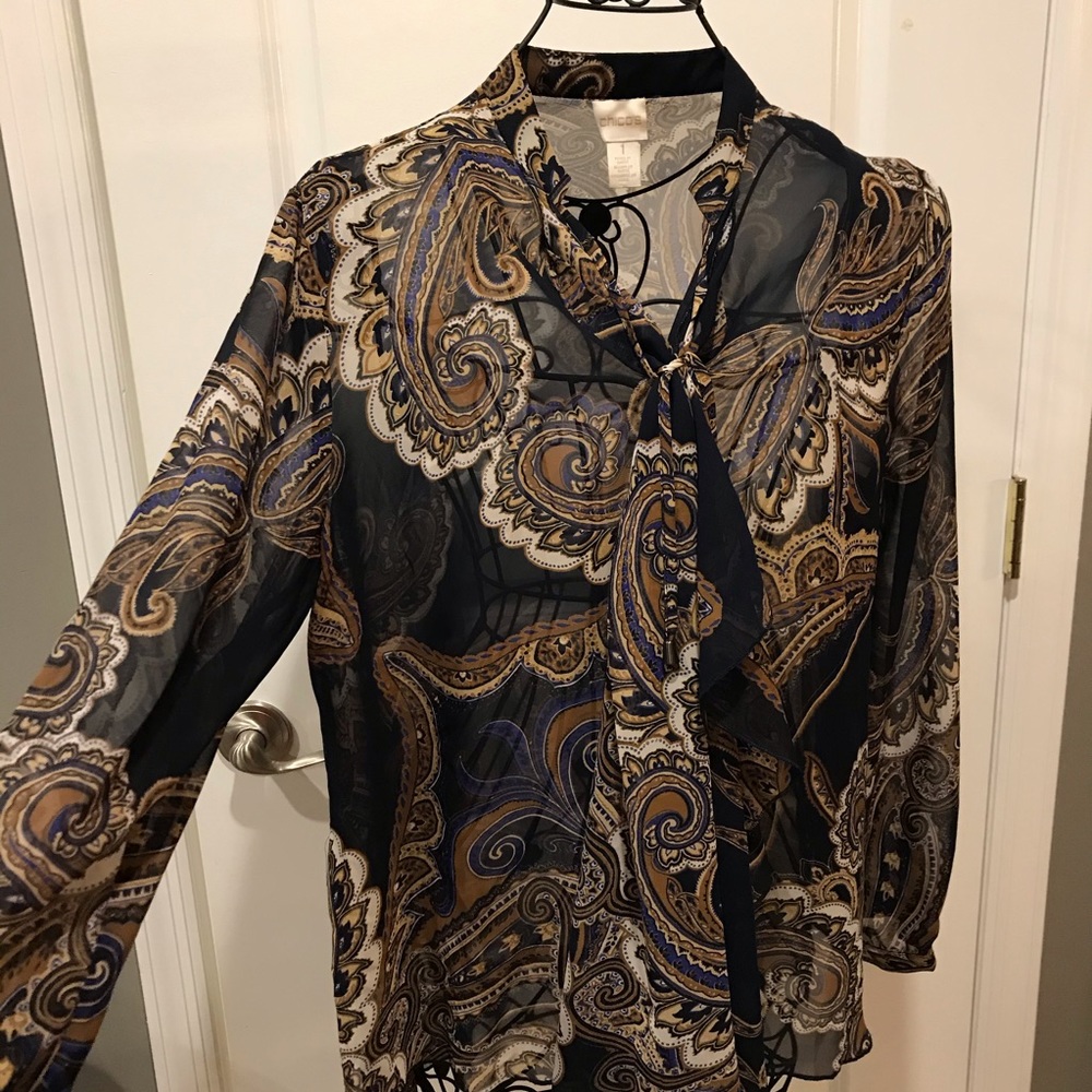 Chico’s Navy Paisley Long Sleeve Sheer Blouse
